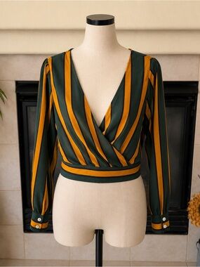 FAVLUX Olive Green & Mustard Striped crop Wrap Blouse